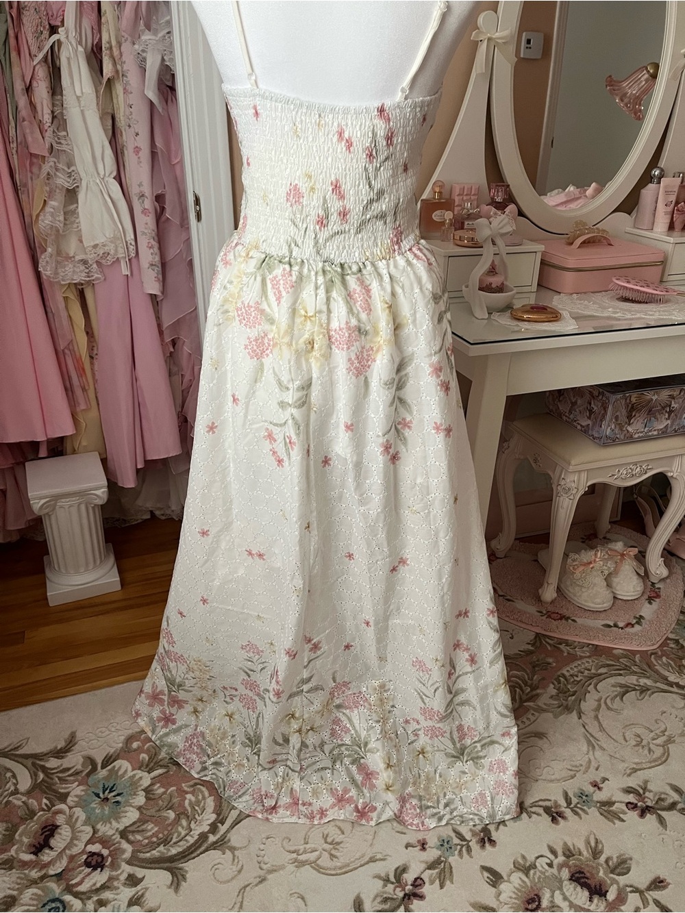 Floral Ivory Maxi Dress with Pink & Green Accents - Picture 4 of 4